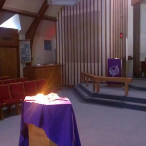 Sunlit font in our sanctuary.